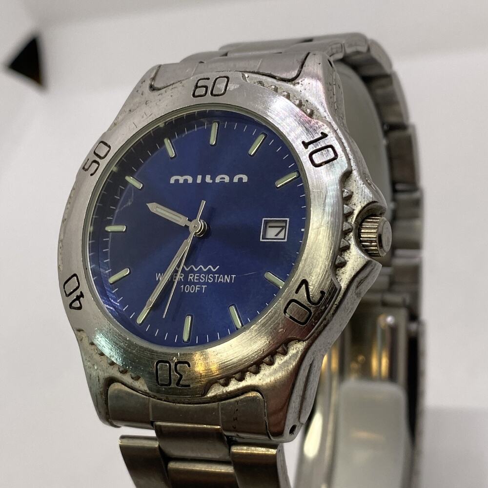Vintage Milan Mens Blue dial Siilver Watch Works New Batterg